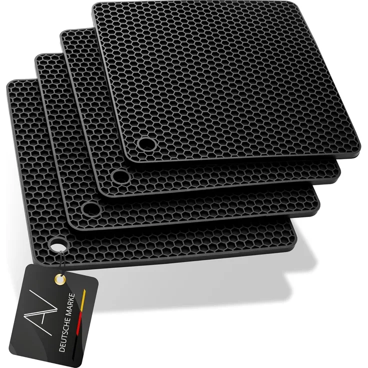 AVANA Topfuntersetzer Silikon Untersetzer Multifunktional Pfannenuntersetzer Topflappen, Zubehör für Töpfe, Pfannen, Auflaufformen, 4er Set, Hitzebeständig, Wabenmuster, Schwarz