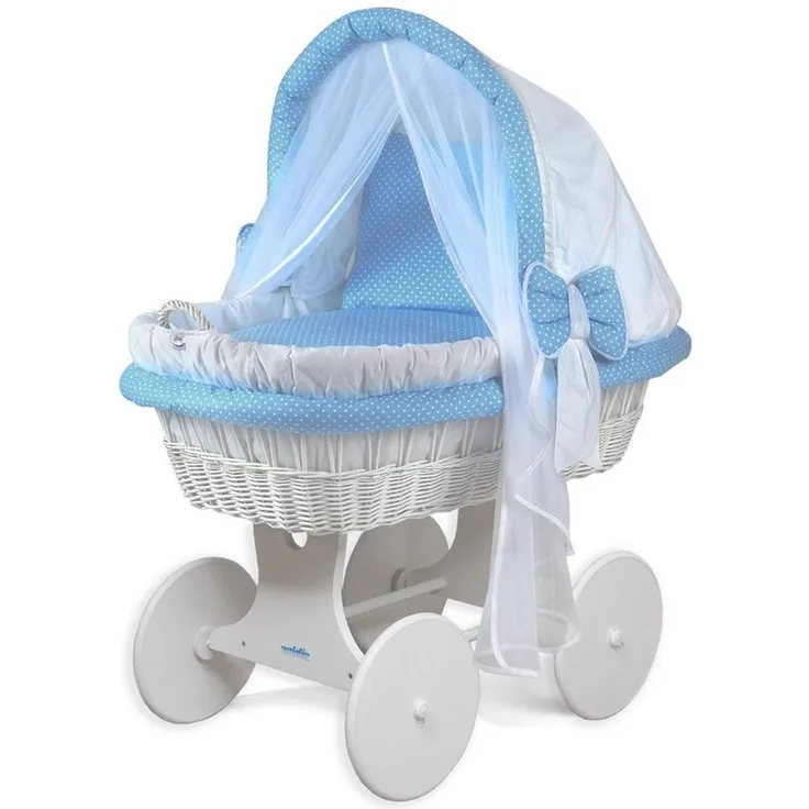 WALDIN Stubenwagen-Set mit Ausstattung, Gestell/Räder weiß lackiert, Ausstattung weiß/blau