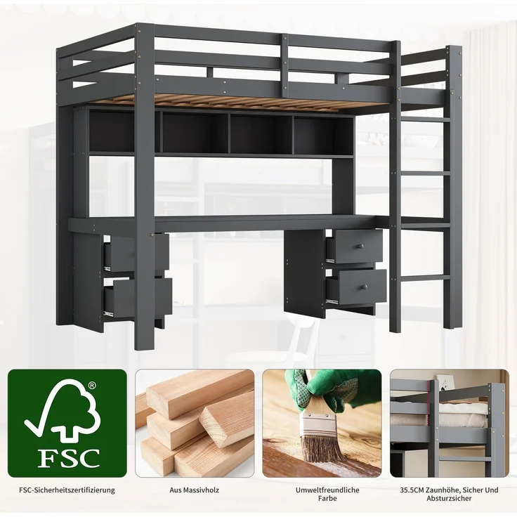 Hochbett 90x200 cm mit Schreibtisch und Stauraum,Kinderbett aus massivem Kiefernholz,Multifunktionsbett mit 4 Schubladen und 4 Regalfächern,Grau – Bild 5