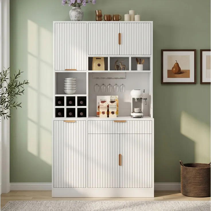 Buffetschrank 100 x 40 x 175 cm mit Steckdosen, USB, Weinablage – Hochschrank in Weiß