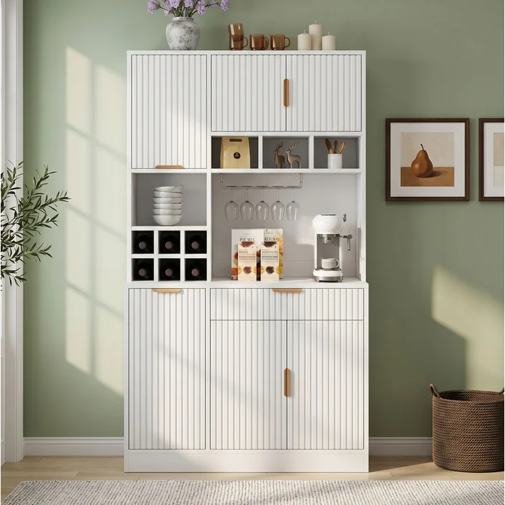 Buffetschrank 100 x 40 x 175 cm mit Steckdosen, USB, Weinablage – Hochschrank in Weiß – Bild 1