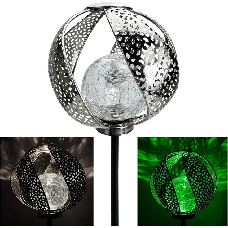 Online-Fuchs Gartenstecker aus Metall mit Glaskugel in Bruchglasoptik und LED-Solarbeleuchtung (Silber oder Gold, warmweiße Beleuchtung oder seichter Farbwechsel) beeindruckende Dekoration für Ihren Garten, Terrasse oder Balkon