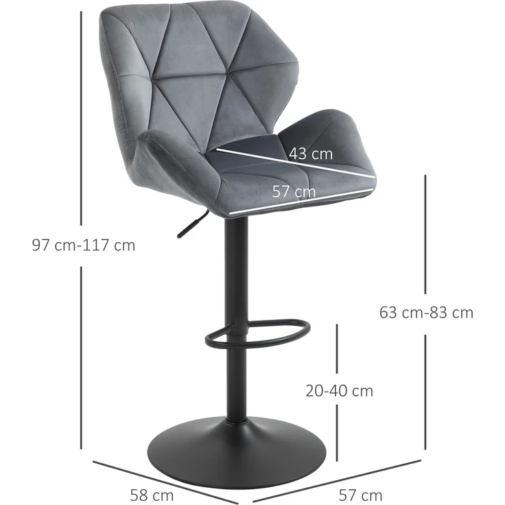 Barhocker 2er Set, Gepolsterter Barstuhl mit Metallgestell, Lehne, Samtoptik, Höhenverstellbar 360° Drehbar--Grau--117x57x58cm--YOUDENOVA – Bild 5