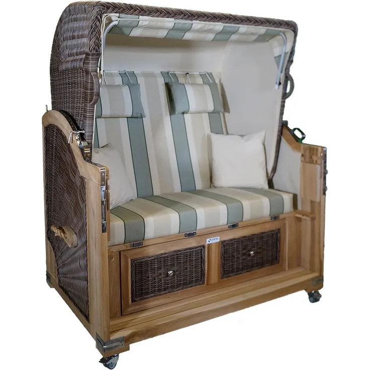 Strandkorb Teak XL grün / beige 2½ Sitzer Voll-Liegemodell