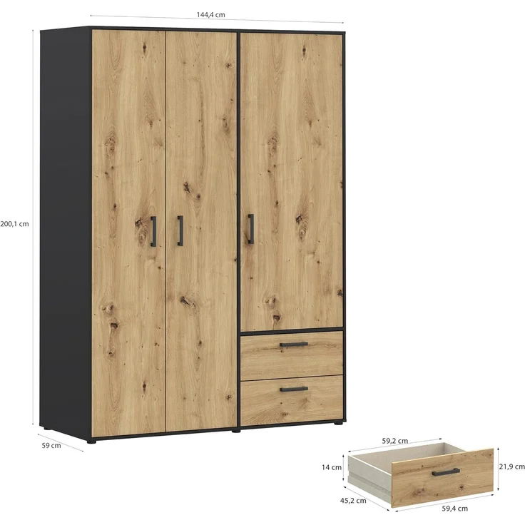 Forte MONISSA Kleiderschrank 140 150, moderner Drehtürenschrank, 3-türig, 2 Schubladen, Holzwerkstoff, Artisan Eiche Holzdekor|Schwarz, 144,4 cm breit x 200,1 cm hoch x 59 cm tief – Bild 3
