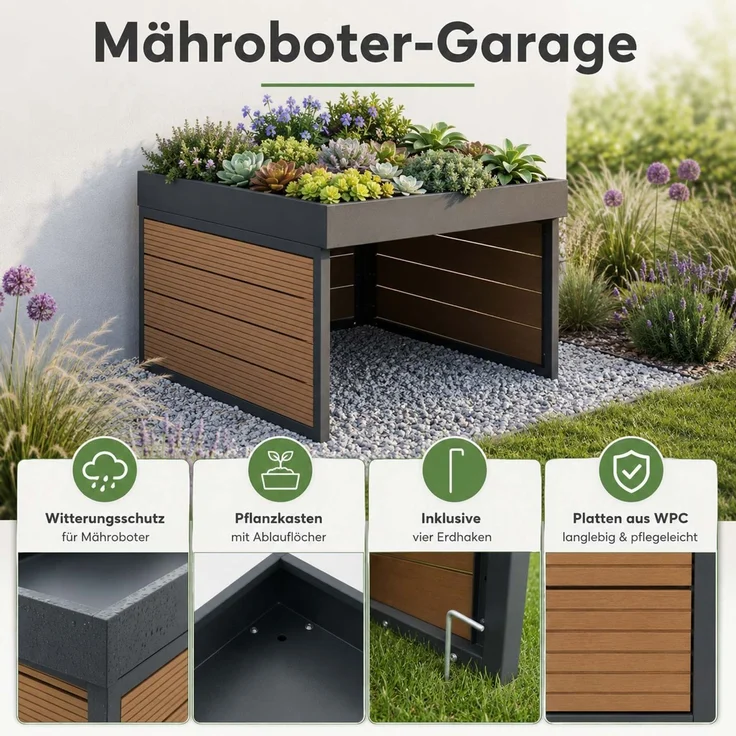 Mähroboter-Garage mit Pflanzkasten HWC-L45, Dach Unterstand für Rasenmäher, WPC Metall 40x60x73cm ~ Eiche-Optik – Bild 2