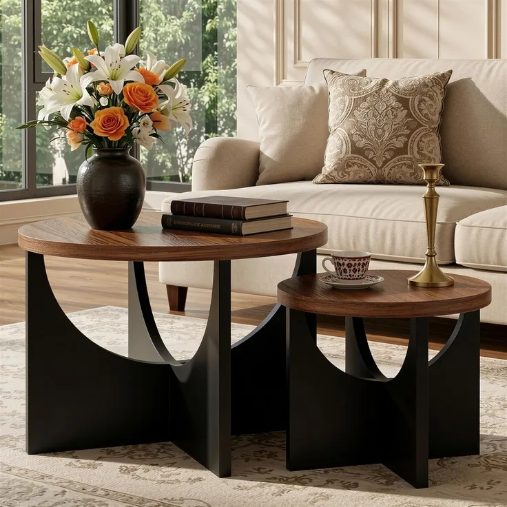 IRONCK Nestingtisch Set aus 2, Couchtisch rund, Moderner Couchtisch aus Holz für Wohnzimmer & Schlafzimmer, Walnuss