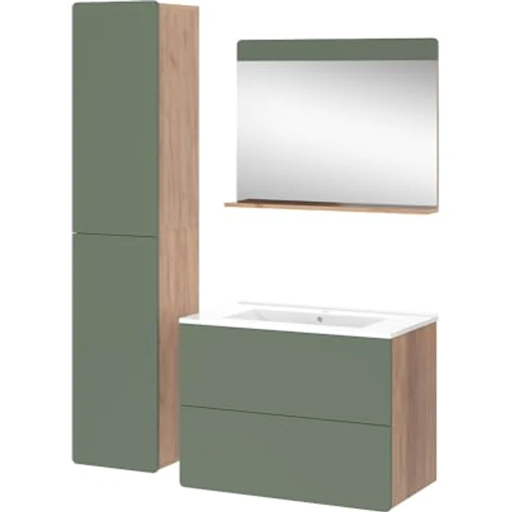 Vichy Badmöbel-Set Izan, 4-teiliges Badmöbelset in Goldkraft Eiche/Grün mit Hochschrank und Waschbecken – Bild 1