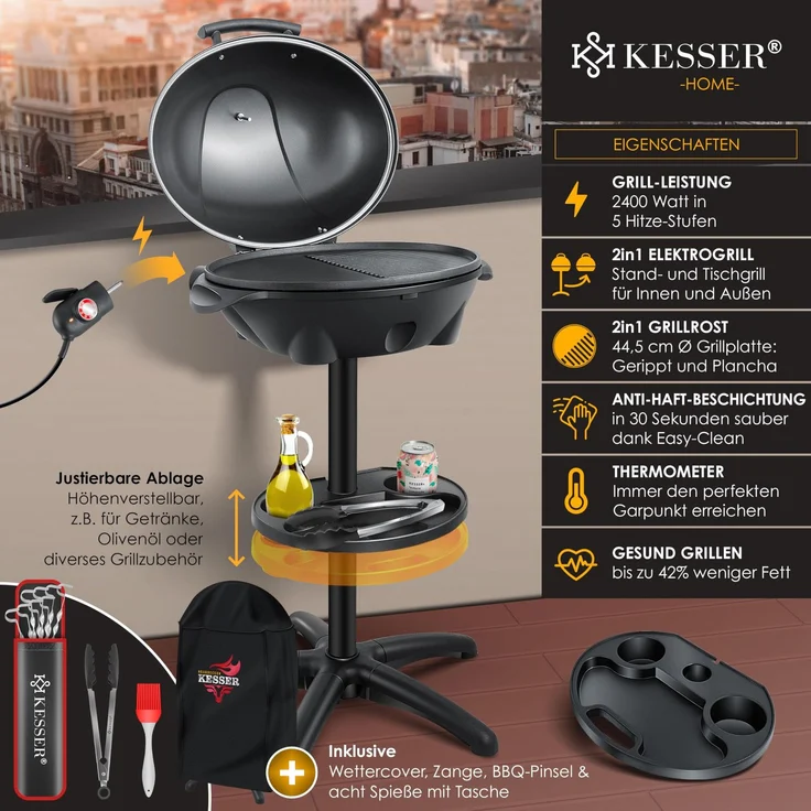 KESSER® elektrischer Elektrogrill 2in1 Tischgrill - Standgrill mit Deckel Standfuß | max. 2400 Watt Thermometer | Antihaftbeschichtung | XXL Grillplatte | integrierte Ablagefläche Elektro-Säulengrill Schwarz - Set – Bild 2