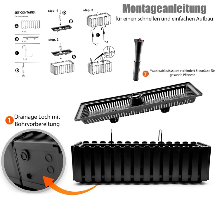 BigDean Balkonkasten Lattenzaun Optik in Anthrazit Optik aus wetterfestem & robustem Kunststoff 60 cm– Balkonkasten mit Halterung & Wasserstandsanzeige – Made in Europe – Bild 6