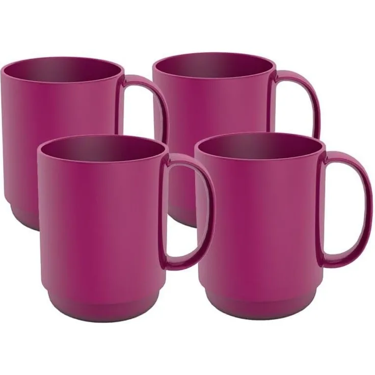 Ornamin Becher 300 ml brombeer, 4er Set hochwertiger, stabiler Kaffeebecher aus Kunststoff mit Henkel