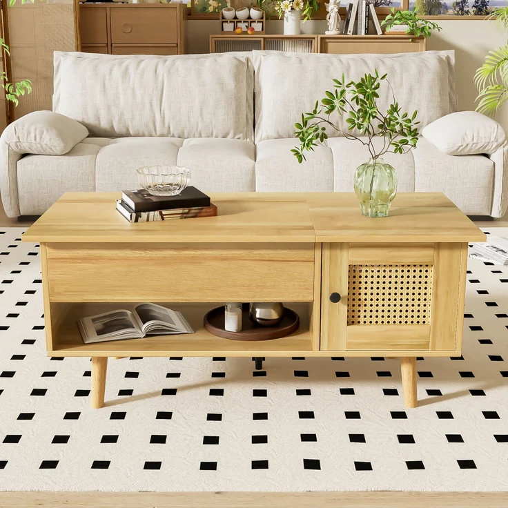 Merax Couchtisch mit anhebbarer Tischplatte und Rattan-Türen, Holzfarbe mit schwarzen Akzenten, Holzfarbe – Bild 3