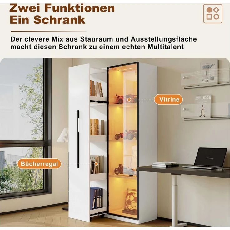 BlingBin Stauraumvitrine LED-Vitrine Multifunktionsschrank (1-St, mit warmgelben Aluminium-Lichtleisten, Soft-Close-Scharniere) Soft-Close-Scharniere, mehrfarbiger Beleuchtung & Kippschutz – Bild 3