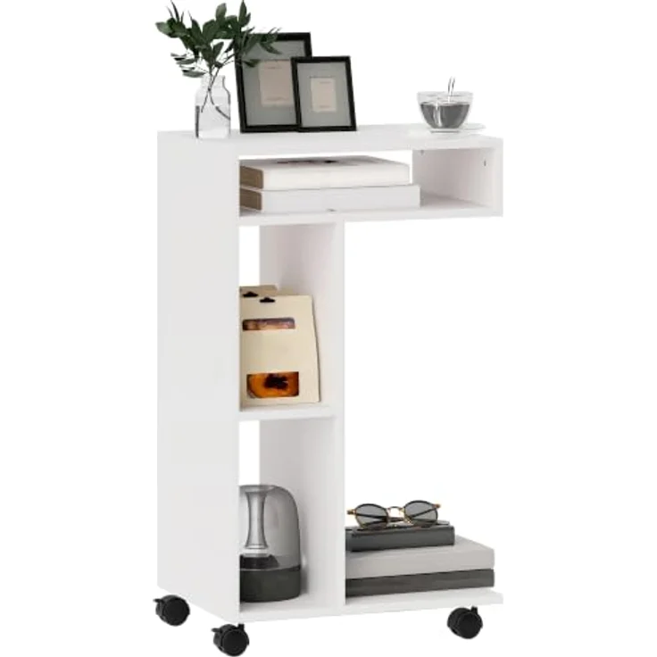 HOMCOM Beistelltisch C-Form Nachttisch mit 4 Regalen, Rollen, Couchtisch, Wohnzimmertisch Laptoptisch für Wohnzimmer Schlafzimmer 40 x 30 x 69 cm Weiß – Bild 1