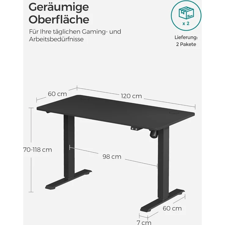 SONGMICS Höhenverstellbarer Schreibtisch elektrisch, Tischgestell, Schreibtischständer mit Motor, stufenlos verstellbar, 120 x 60 x (73-114) cm, Stahl, schwarz LSD011B02 – Bild 3