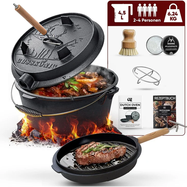 GUSSKÖNIG Dutch Oven Topf ohne Füßen 4,5L+Pflegepaste Untersetzer – Bild 1