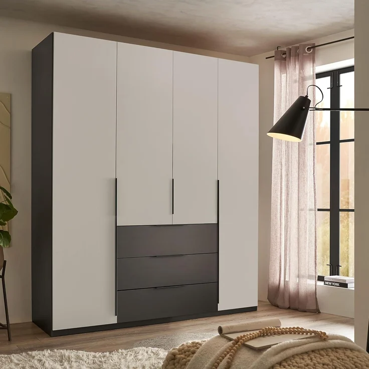 Stella Trading Nuka Kleiderschrank in Hellgrau, Graphit - Vielseitiger Drehtürenschrank 4-türig für Ihr Schlafzimmer - 201 x 226 x 60 cm (B/H/T) – Bild 2
