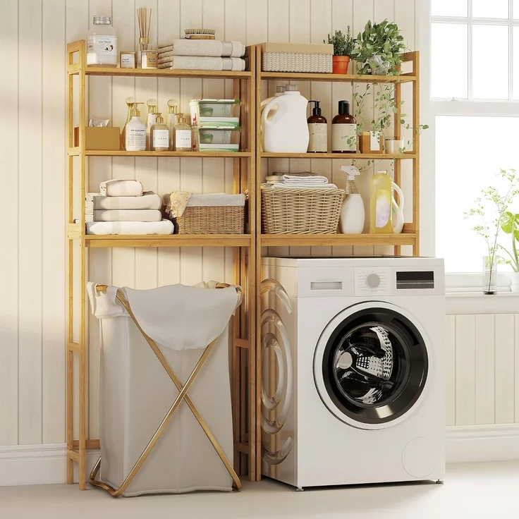 Kleankin Badregal Toilettenregal 3-stöckiges Badezimmerregal, Standregal mit Kippschutz, Aufbewahrungsregal 1-tlg, für Badezimmer, Bambus, Natur, 68 x 20 x 165 cm – Bild 8