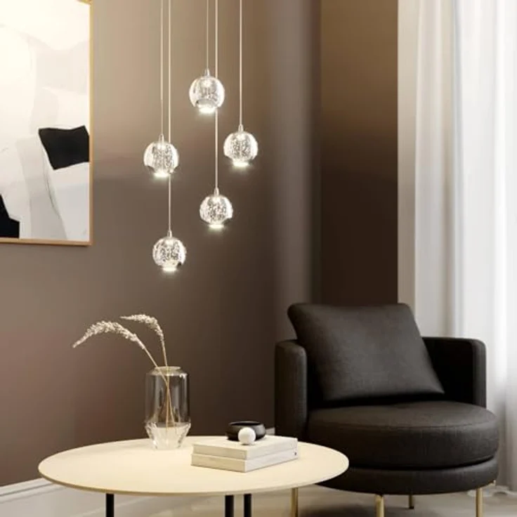 Lucande LED-Pendellampe Hayley, 5-flg. Pendelleuchte mit Glaskugeln und chromfarbenen Details, Ø 30 cm, energieeffiziente LED-Beleuchtung – Bild 3