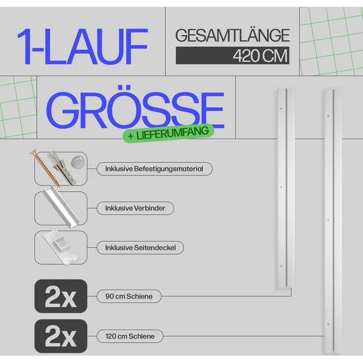 Bestlivings Gardinenschiene ( Weiß ) 420cm (2x90/2x120 cm) 1-läufig – Bild 2
