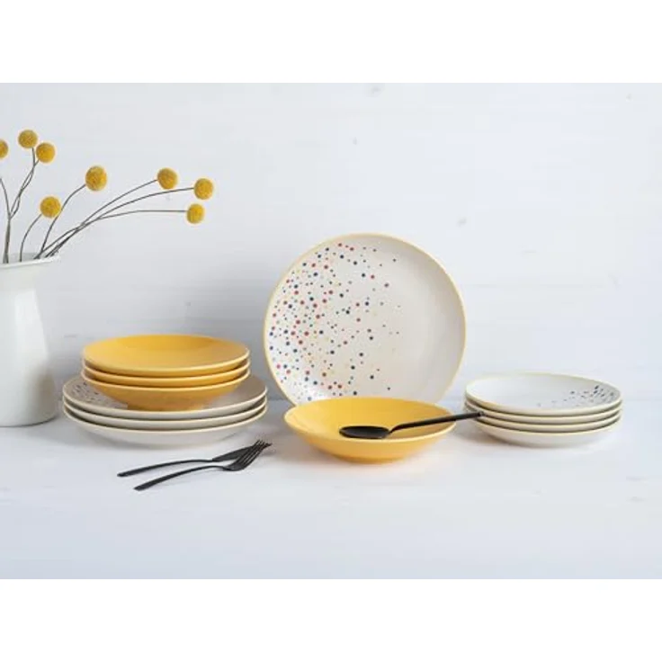 Creatable Tafelservice Joy, 12-teiliges Geschirrset in Gelb-bunt und Creme, handbemalt, lebensmittelecht, stapelbar – Bild 1