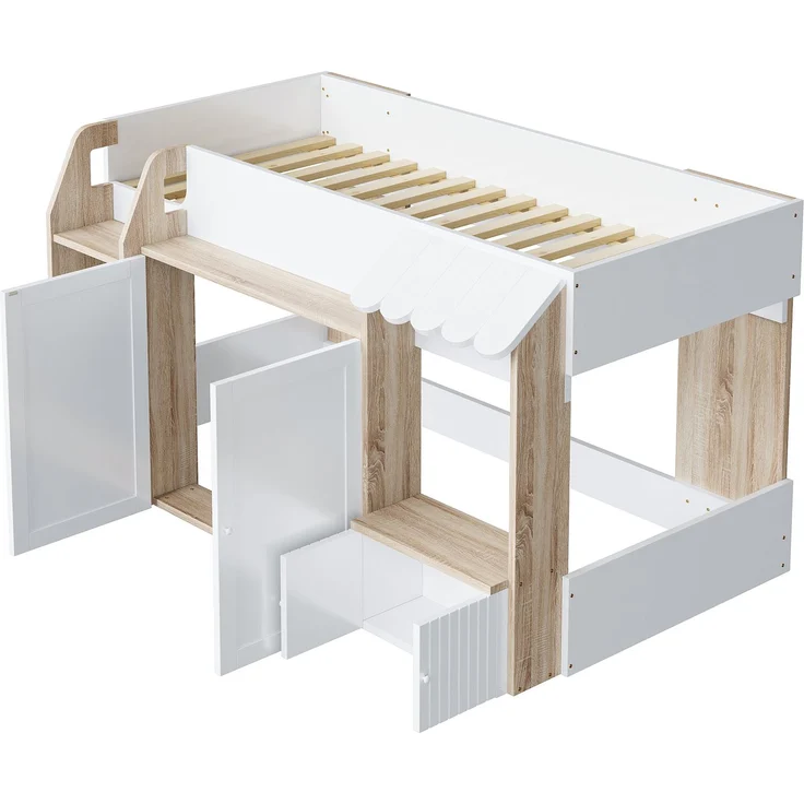 Merax Kinderbett Hausbett 90x200cm, mit offenem Stauraum, mit Kletterleiter, Halbhohes Kinderhochbett, Massivholz-Kinderetagenbett ohne Matratze, Weiß+Holzfarbe – Bild 9