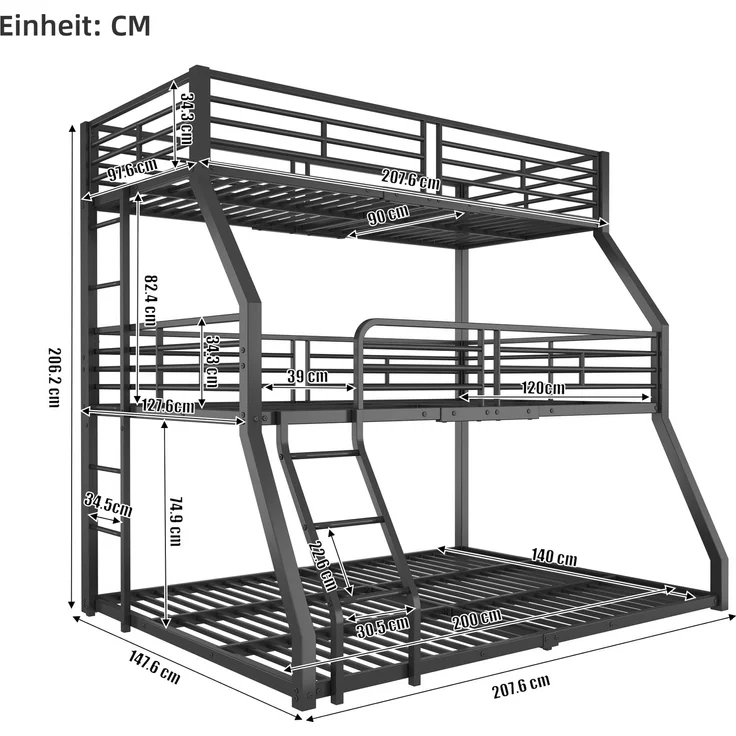 Bett 90x200 cm Dreifach-Etagenbett aus Metall mit Leitern – platzsparend, sicher und robust – Bild 6