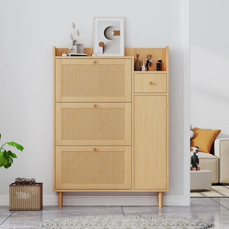 Merax Schmal Schuhschrank mit 3 Klappen, Rattan Schuhschrank Schuhkipper mit Schublade und Tür, Schuhkommode mit Verstellbarer Ablage, Naturbelassen – Bild 2