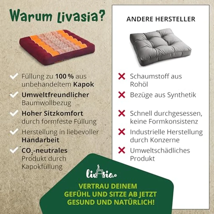 livasia Sitzkissen Sitzkissen 35 cm, vegan und handgefertigt, 35 x 35 x 6 cm, Kapok – Bild 6