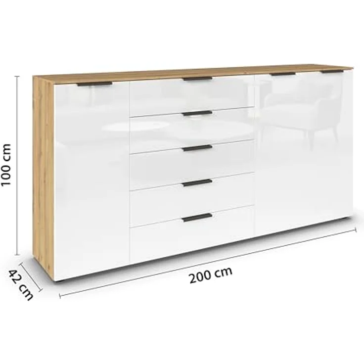 Rauch Möbel Flipp, Kombikommode, Kommode mit Stauraum für Wohnzimmer, Schlafzimmer, Flur, 4 Fachböden, Eiche Artisan/Glasfront Weiß, 3-türig, Glastüren, 5 Schubkästen, Griffe graphit, 199 x 100 x 42 cm – Bild 4
