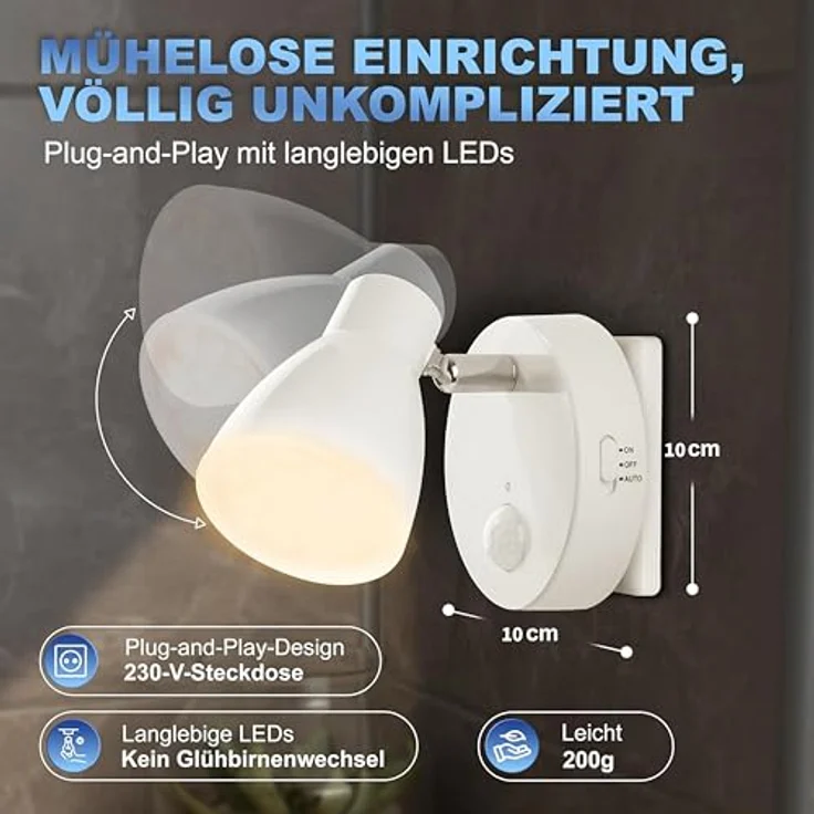 TRANGO LED Nachtlicht, Bewegungsmelder, 2635-016 LED Sensor Steckdosenlampe *MILO* mit Automatikfunktion in Weiß Sicherheitslicht 230V, Wandlampe, Orientierungslicht, Nachtlampe, Steckdosenlicht – Bild 7