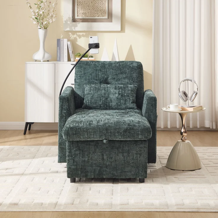 Loungesofa mit integriertem Handyhalter, großem Stauraum & Seitentaschen, Chenille Stoff-Sessel mit gepolsterten Kissen,Smaragd – Bild 3