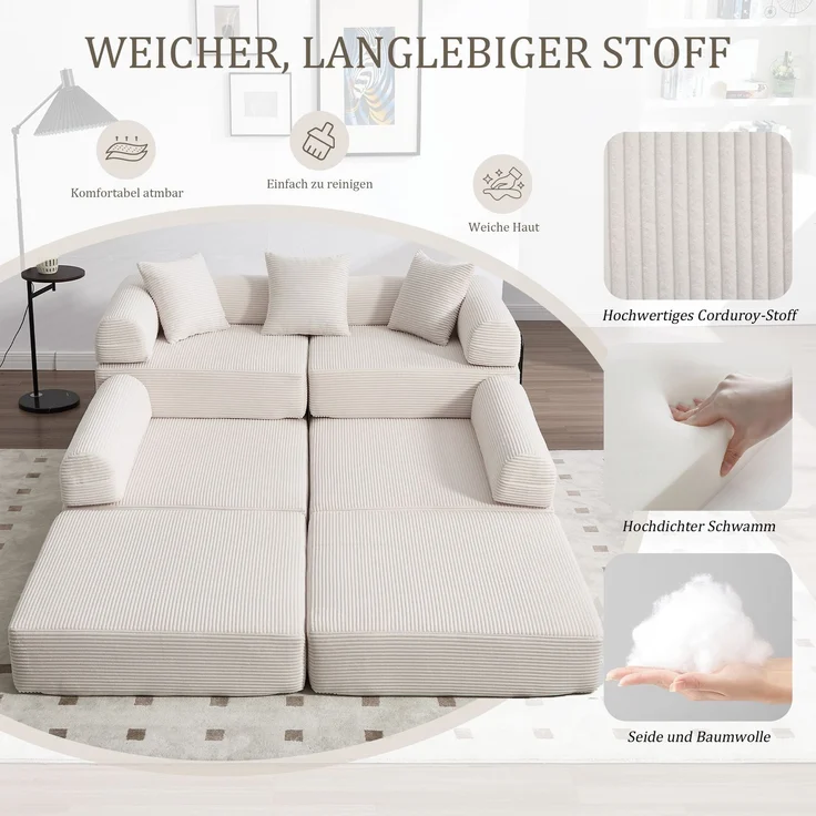 LVHOM Schlafsofa 5-Sitzer, Klappsofa mit Schlaffunktion, Bodensofa mit Seitentaschen, Ecksofa aus Cordstoff, frei Kombinierbar, Beige – Bild 7