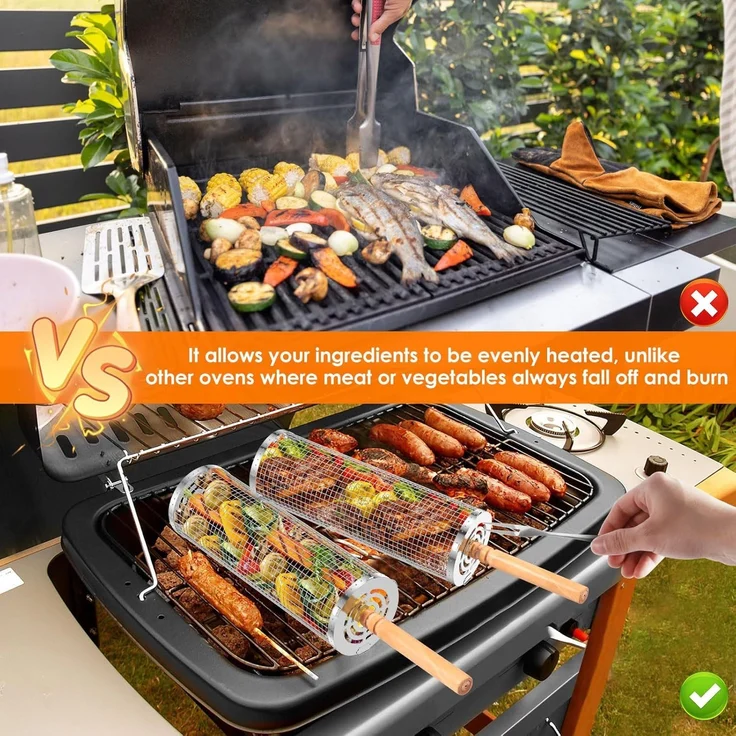 2er-Pack Grillkörbe mit Holzgriff, rund, Edelstahl, für Outdoor & Camping (45 cm) – Bild 5