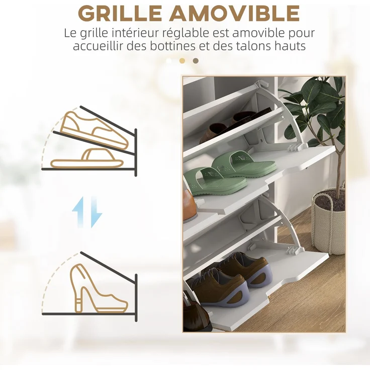 Schuhschrank mit 4 Klappen für 16 Paar Schuhe, mit verstellbarem Einlegeboden, Füße aus Kiefernholz, 95 x 26 x 95 cm, weiß – Bild 8