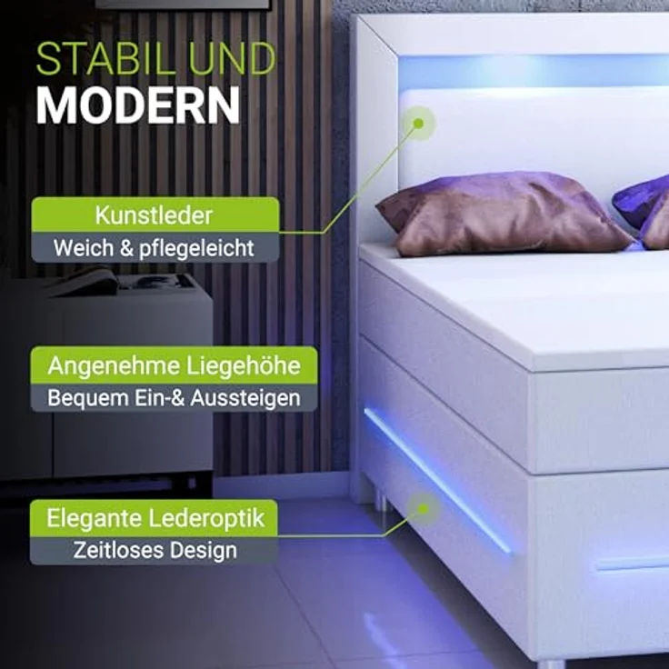 Juskys Norfolk Boxbett, Weiß, 200x200 cm, mit LED-Beleuchtung, zwei Bonell Federkernmatratzen und Topper, ideales Doppelbett für angenehmen Schlaf – Bild 5