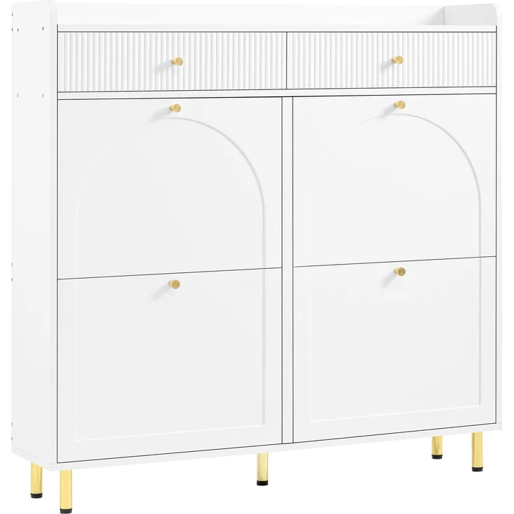 ZUBALIYA Schuhschrank (106,5 x 25 x 105,5 cm), 4 Klappfächer und 2 Schubladen, Verstellbare Einlegeböden, Aus MDF und Spanplatte, Weiß – Bild 12