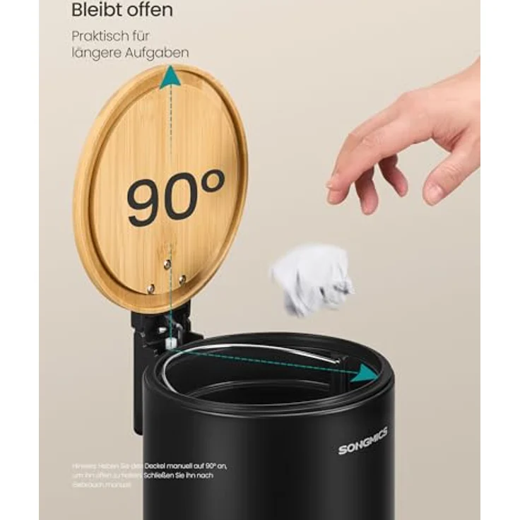 SONGMICS Kosmetikeimer, Mülleimer Bad, mit Deckel aus Bambus, Tretmülleimer mit Metallpedal, Inneneimer herausnehmbar, Softclose, für Badezimmer, 3 Liter, tintenschwarz LTB113BZ01 – Bild 6