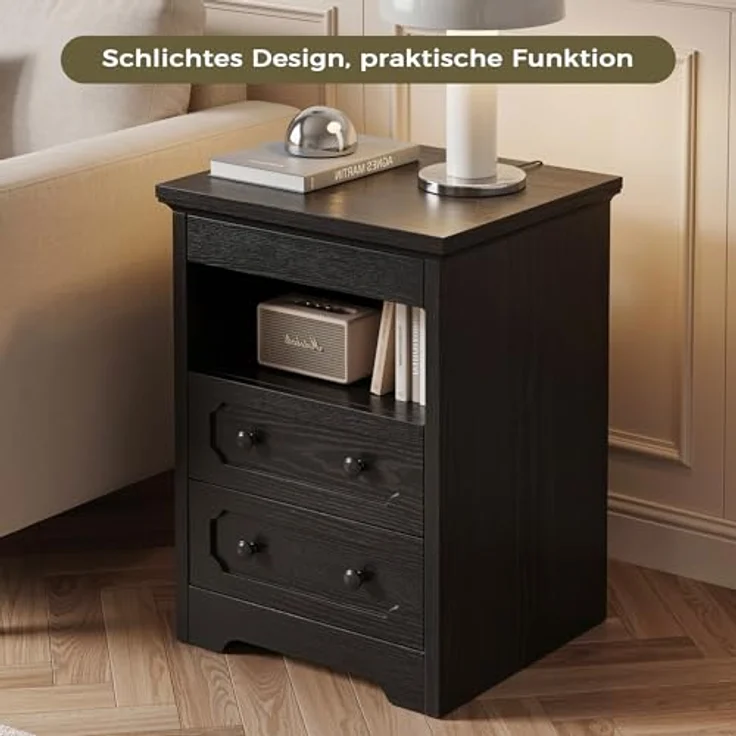 IRONCK Nachttisch 2er Set, Moderne Nachtkonsole mit 2 Schubladen, Offenem Fach, Beistelltisch mit Herausziehbarer Ablage, Holz-Nachttisch für Schlafzimmer, Wohnzimmer, Schwarz – Bild 8