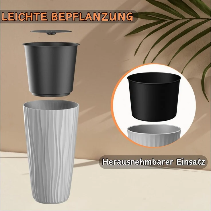 Engelland Blumentopf Pflanztopf mit herausnehmbarem Einsatz & Bewässerungssystem (1 St, robuster PP-Kunststoff), Wasserspeicher, Rillenoptik, hoch, rund, modern, UV-resistent – Bild 3