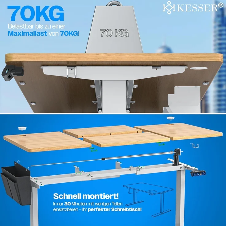 KESSER® Höhenverstellbarer Schreibtisch elektrisch, Ergonomisch Steh-Sitz Schreibtisch, 3-Funktions-Memory Steuerung, Inkl. 360° Rollen & USB-Ladeanschluss, Computertisch für Homeoffice Beige, 160 x 70 cm – Bild 6