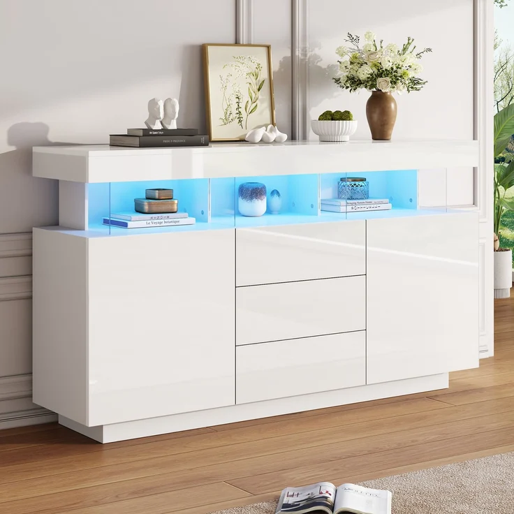ZUBALIYA Sideboard 140x35x80 cm, mit LED-Beleuchtung, Hochglanz, aus Spanplatte, Weiß – Bild 6