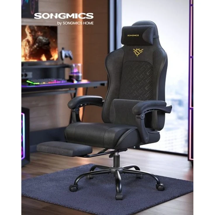 SONGMICS Gaming-Stuhl, Ergonomischer Bürostuhl mit Fußstütze, bis 150 kg, 66 x 64 x 123,5-133 cm, Schwarz – Bild 2