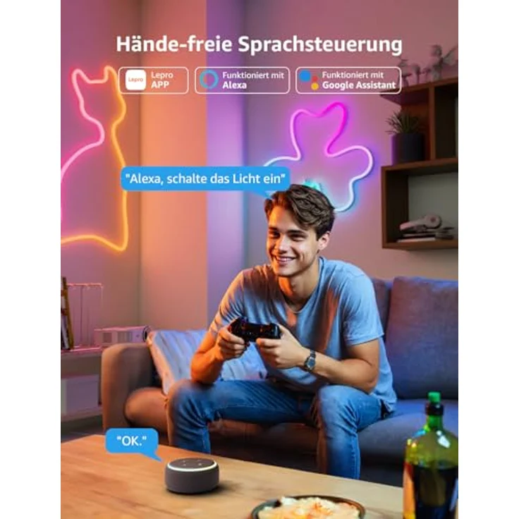 Lepro Neon LED Strip 3m, Neon LED Streifen mit App Steuerung, Musik Sync & Sprachsteuerung, funktioniert mit Alexa & Google Assistant, Flexibles RGB Lichtband für Wohnzimmer, Gaming, Party&Wanddeko – Bild 7