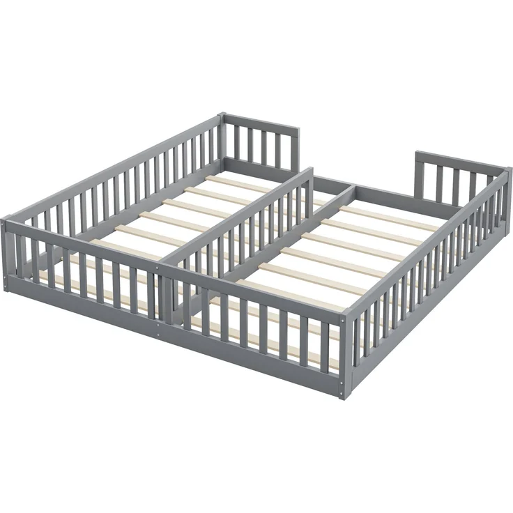 Doppelbett 90x200 cm aus Kiefernholz ,Kinderbett mit Sicherheitsgitter und Lattenrost, platzsparendes Familienbett,grau – Bild 9