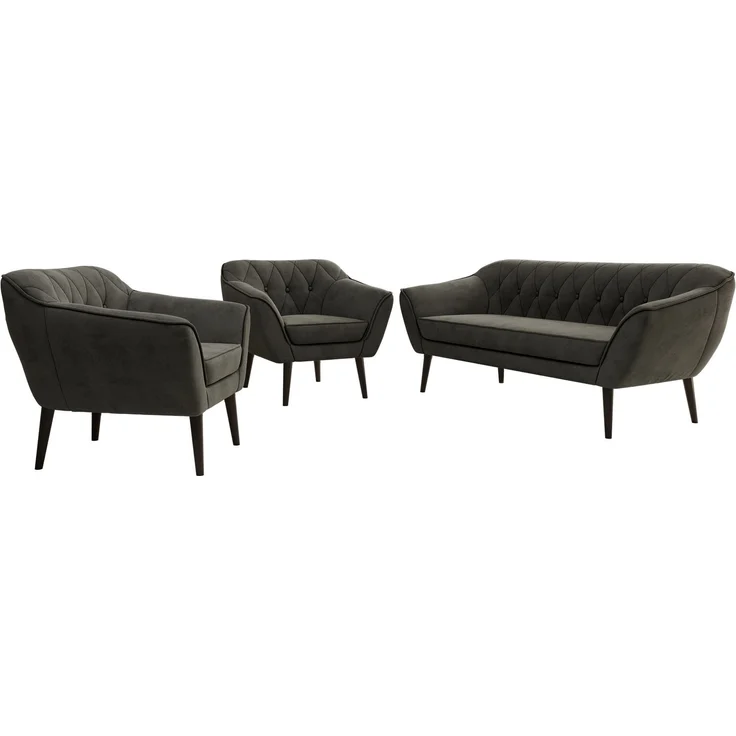 Wohnzimmerset PIRS 1-1-3, Skandinavisches 3-Sitzer Sofa mit Sesseln, Sofa mit Wellenfederung, schwarze Füße, Skandinavisches Möbelset - Dunkelgrau Velvet – Bild 6