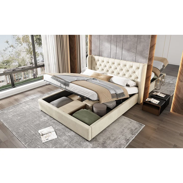 Polsterbett Ohrenform Samtstoff Große Knopfnähte Doppelbett 160*200, Hydraulisches Funktionsbett mit Lattenrost und Stauraum, Bettkasten mit schmutzabweisendem Samtstoff bezogen, beige – Bild 21