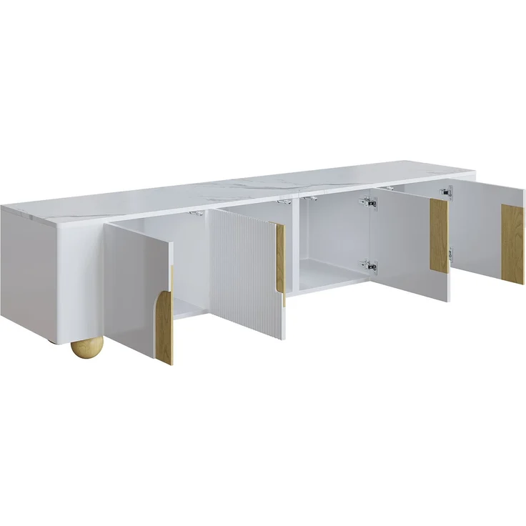 TV-Schrank 180 cm Weiß Holzoptik mit Marmoroberfläche, 4-türig, Massivholzfüße, modernes Sideboard fürs Wohnzimmer – Bild 8