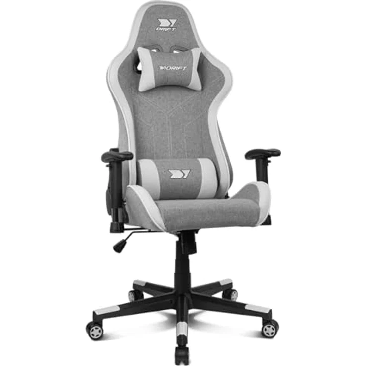 DRIFT GAMING DR90 PRO – Ergonomischer Gaming-Stuhl mit Kopf- und Lendenstütze, 135° neigbare Rückenlehne, 2D-verstellbare Armlehnen, atmungsaktiver Stoff, Nylonbasis und Gasfeder Klasse 4, Grau/Weiß – Bild 3