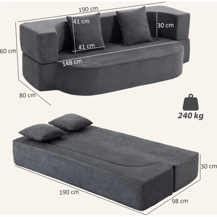 Wohnora-Schlafsofa, Bodensofa ohne Gestell mit dickem, hochdichtem Schaumstoff, breitem und tiefem Sitz, dunkelgrau,H 60cm x T 190cm x B 80cm,Dunkelgrau